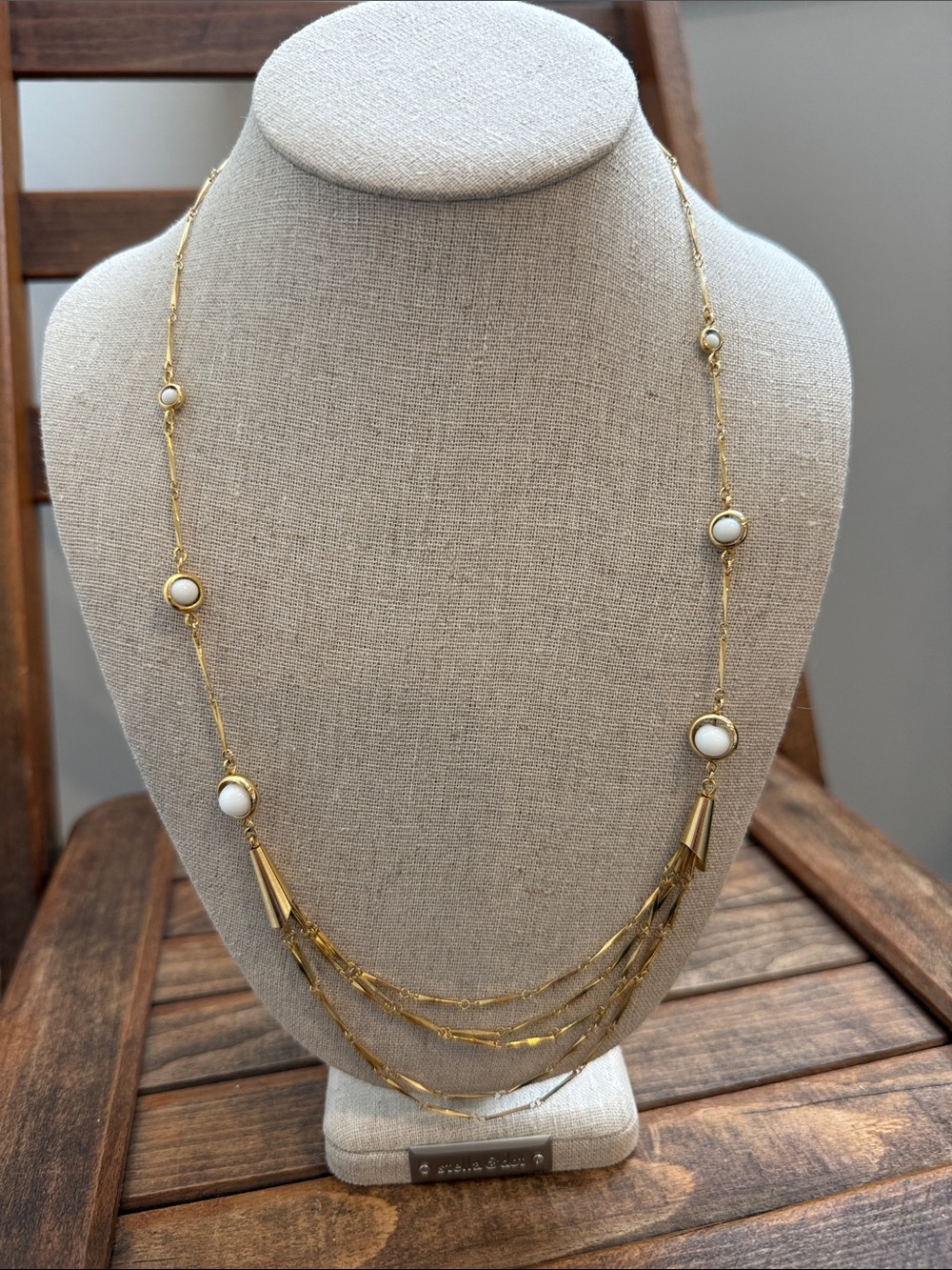 Vintage Gold Tone Multi Strand White Cabochon Statement Necklace